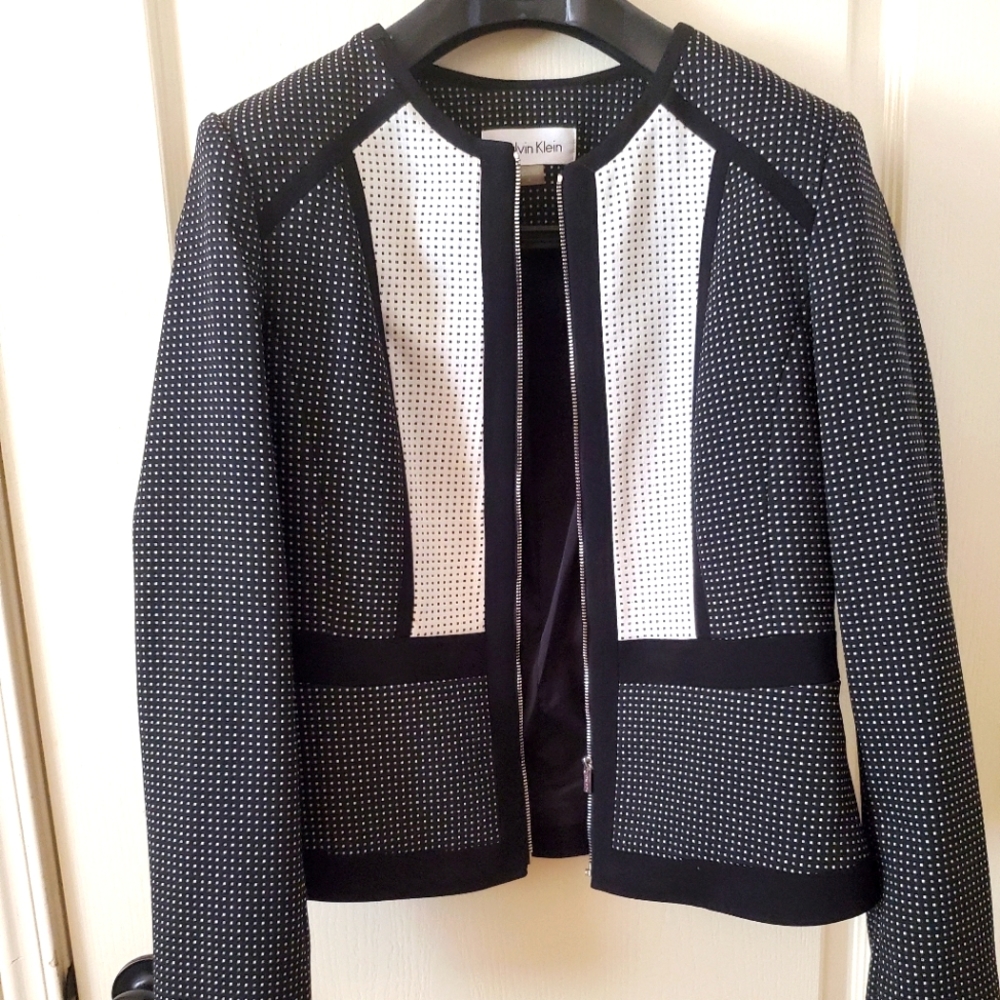 Calvin Klein collarless Colorblock Blazer Dot Black & White Zip Front